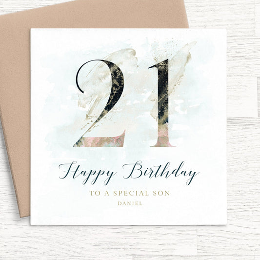 son navy 21st birthday card personalised smooth matte white cardstock kraft brown envelope