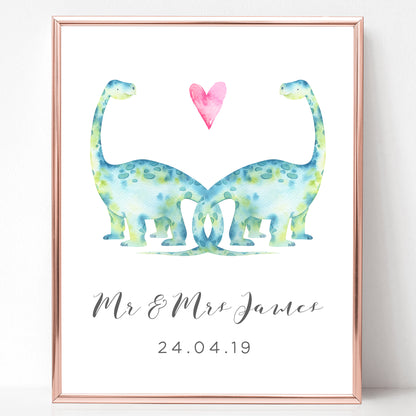 watercolour dinosaur couple print personalised matte smooth white paperstock unframed