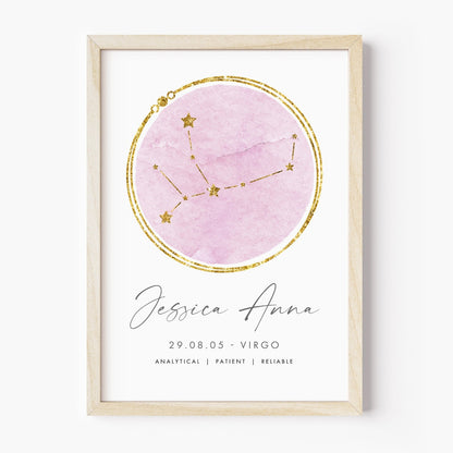 unframed personalised virgo zodiac print blush pink and gold watercolour constellation matte white paperstock
