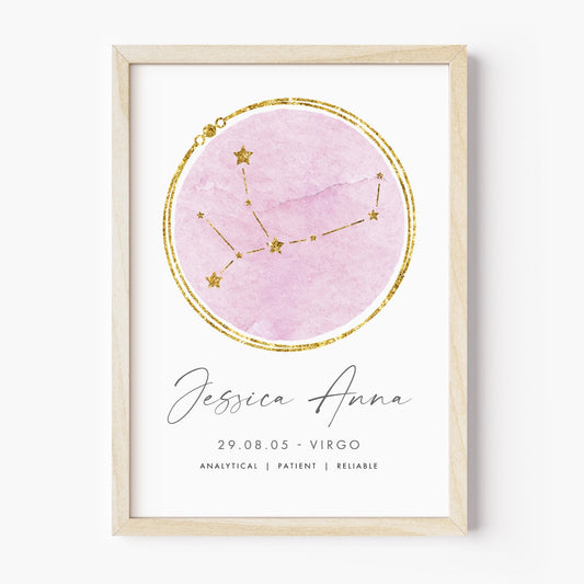 unframed personalised virgo zodiac print blush pink and gold watercolour constellation matte white paperstock