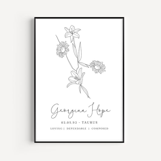 taurus zodiac birth flower line art print personalised with name and date background colour of your choice matte paperstock unframed