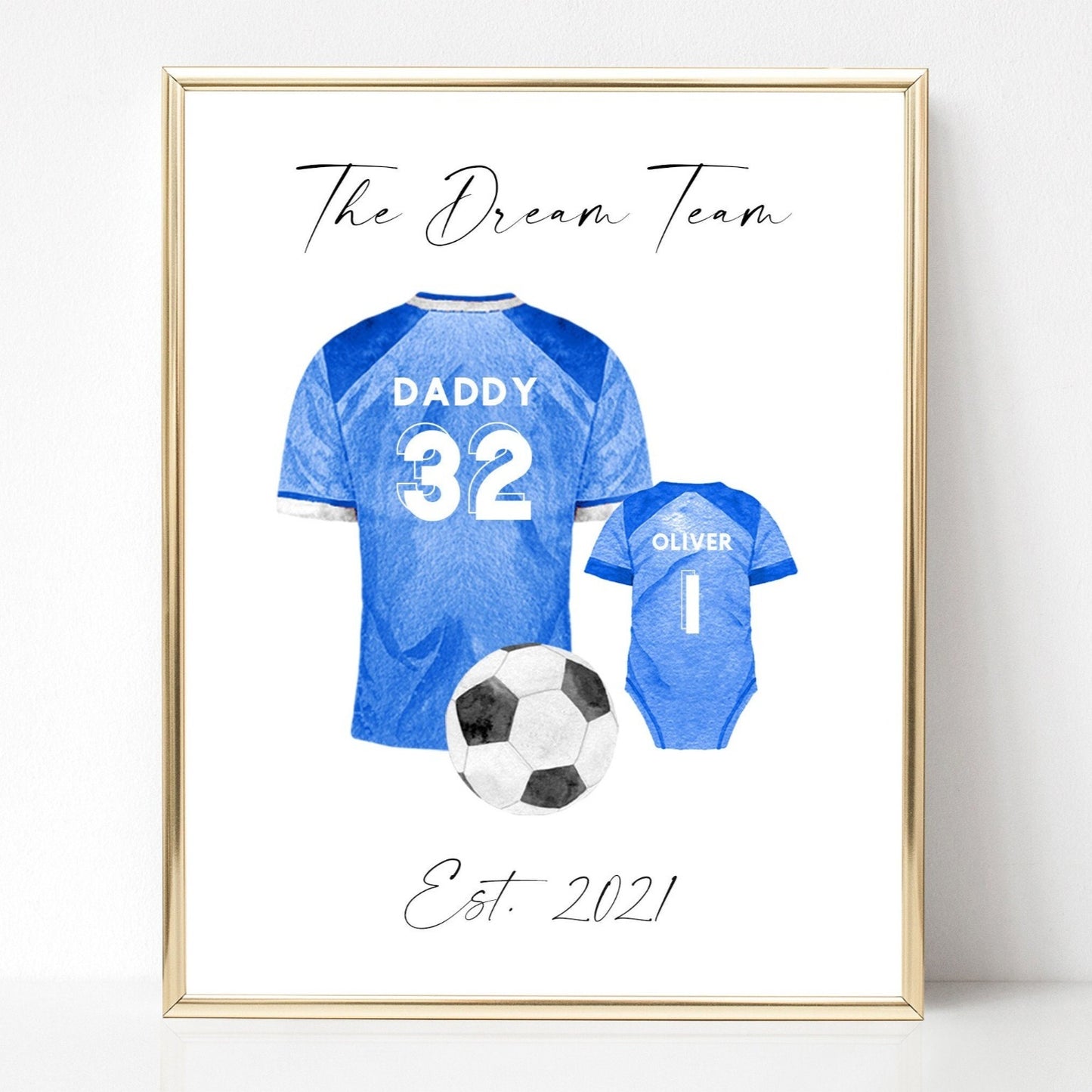 dad dream team football shirt print watercolour personalised matte white paperstock unframed