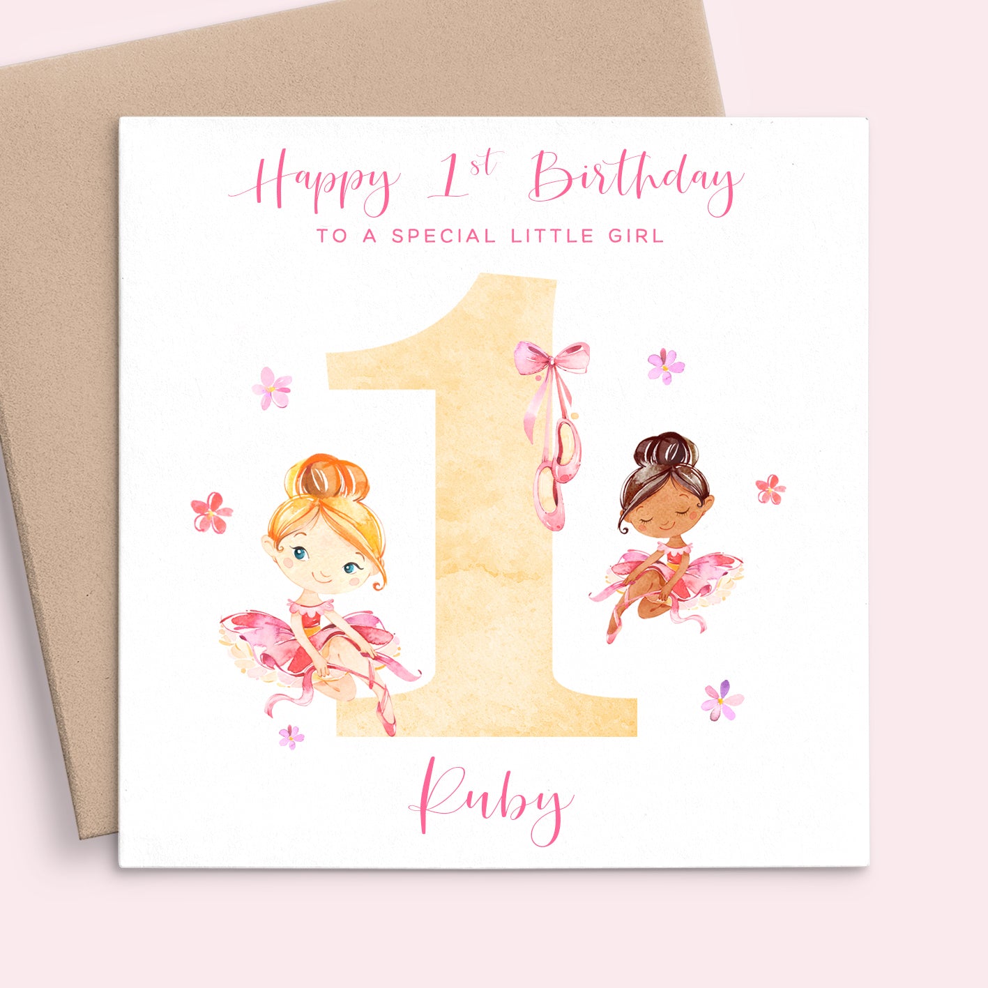 girls ballerina first birthday card personalised matte white cardstock kraft brown envelope