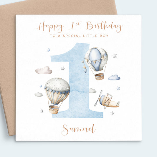 boys hot air balloon first birthday card personalised matte white cardstock kraft brown envelope