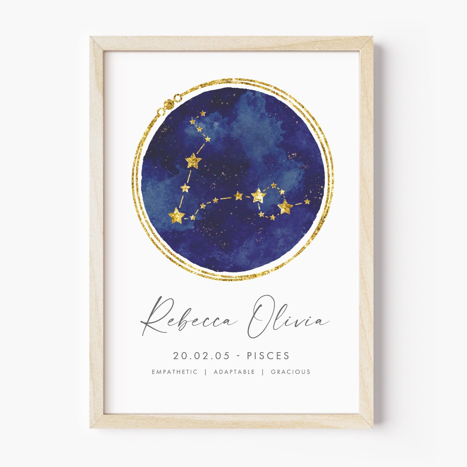 unframed personalised pisces zodiac print navy and gold constellation watercolour matte white paperstock