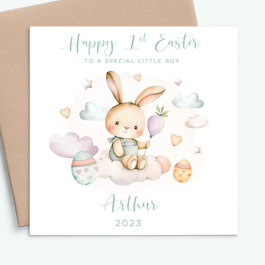 watercolour bunny first easter card for boy personalised matte smooth white cardstock kraft brown envelope