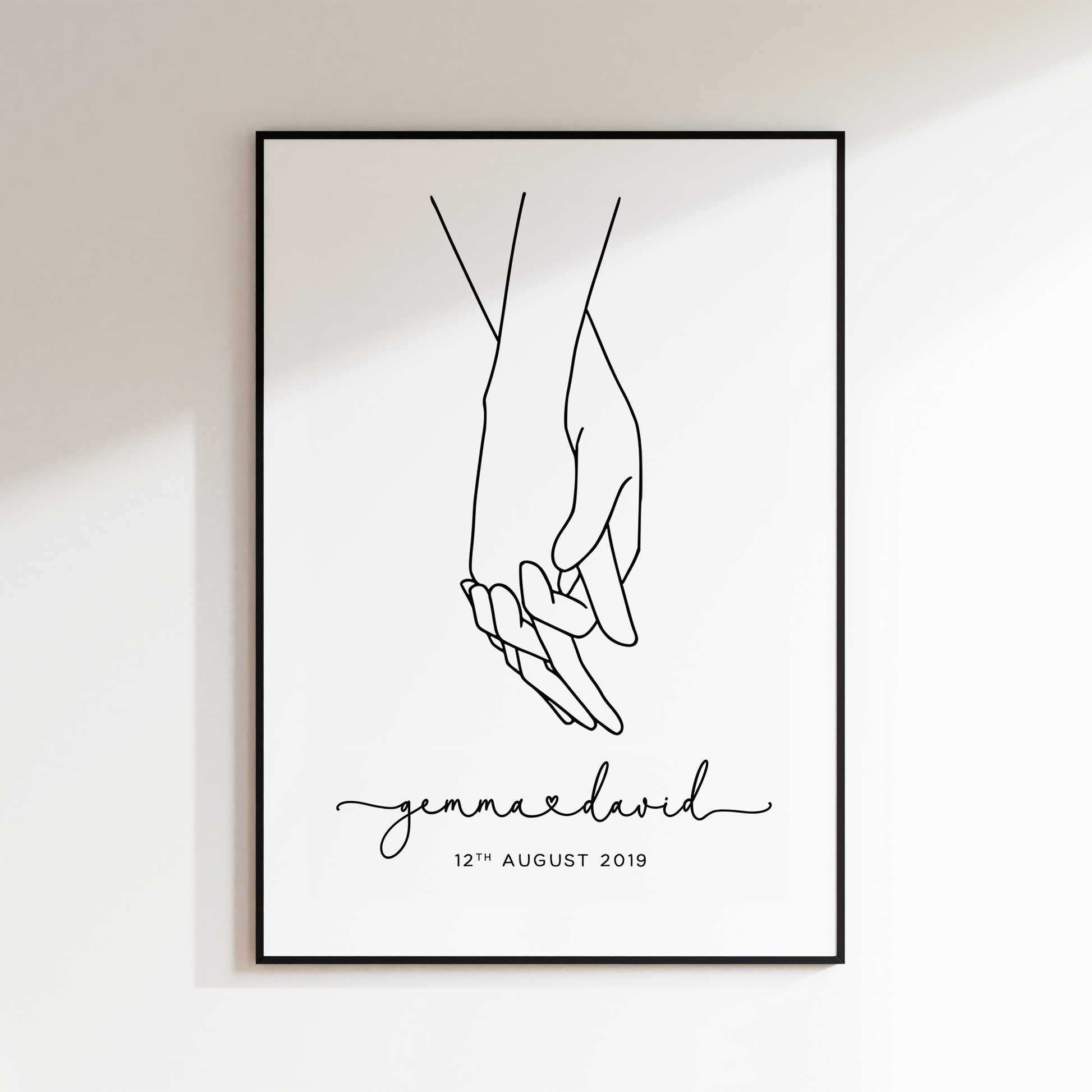 black and white couple holding hands line art print personalised unframed