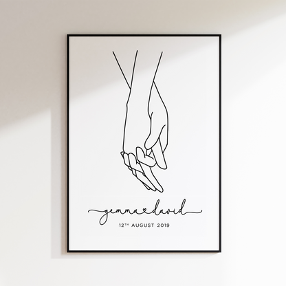 black and white couple holding hands line art print personalised unframed