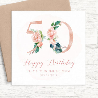 mum pink floral 50th birthday card personalised smooth matte white cardstock kraft brown envelope