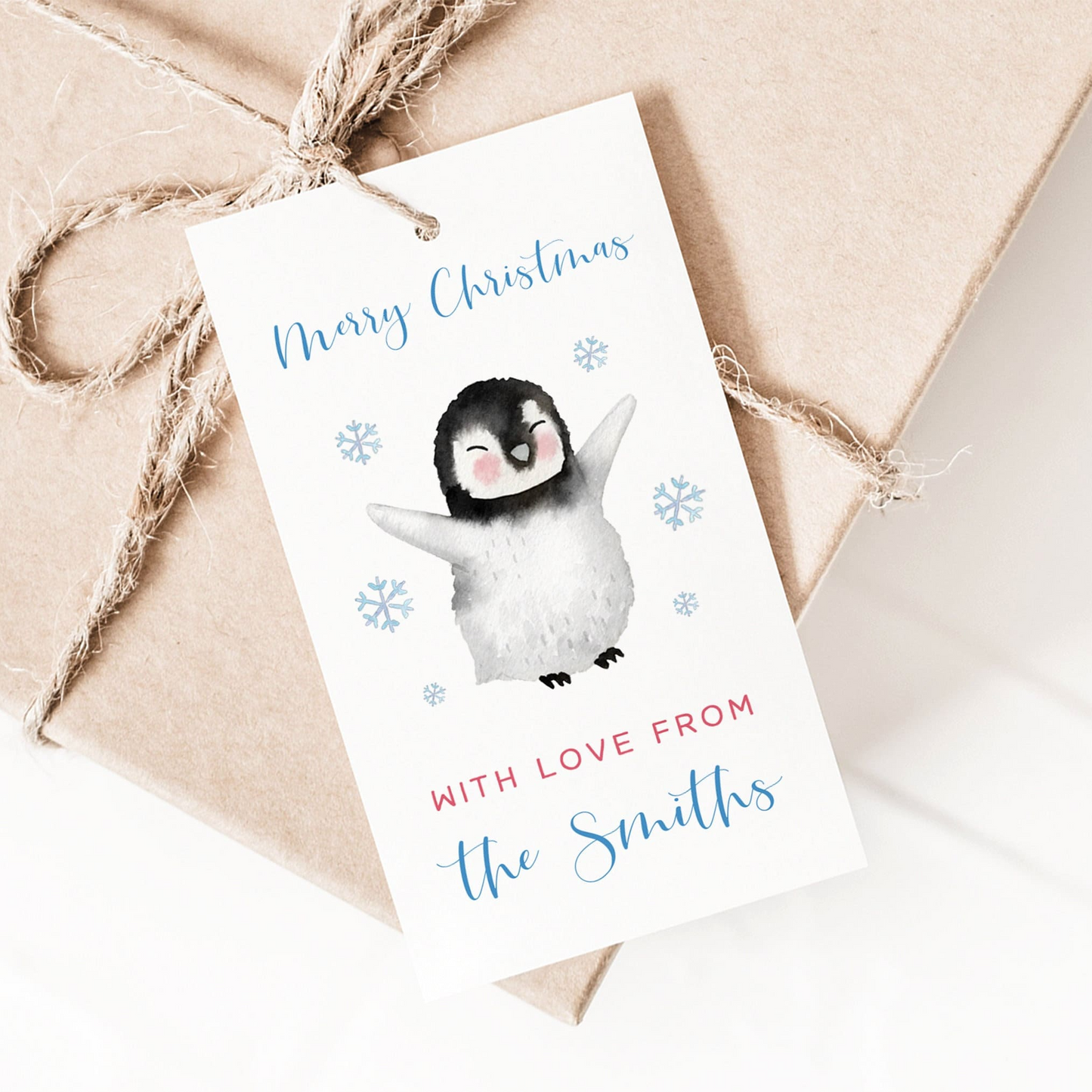 personalised penguin christmas gift tags pack of 10 with hole cut out matte white smooth cardstock