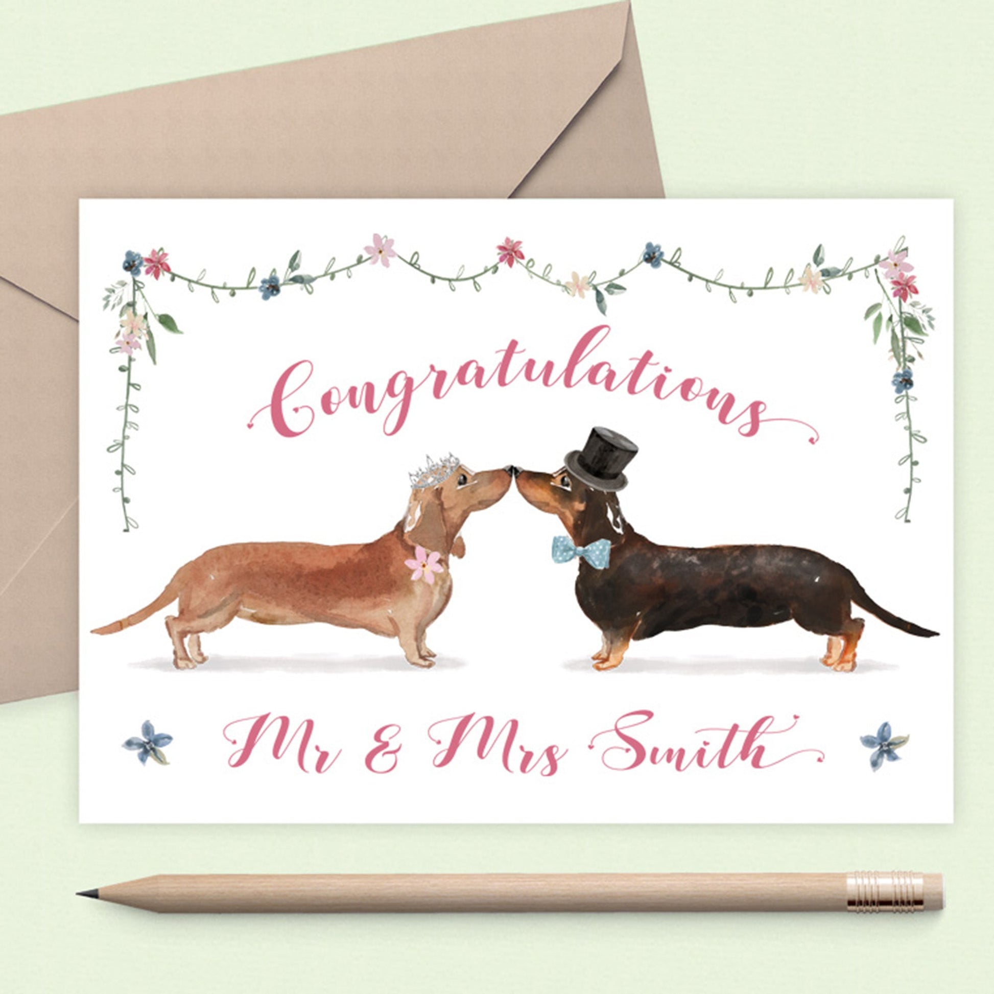 Watercolour illustration dachshund wedding card bride groom personalised with couples names white cardstock kraft brown envelope