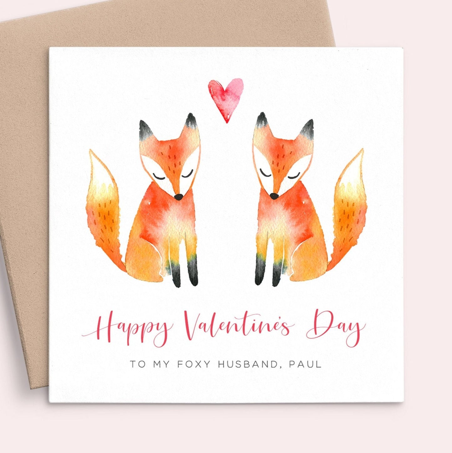 watercolour fox valentines card husband personalised with name matte white cardstock kraft brown envelope square