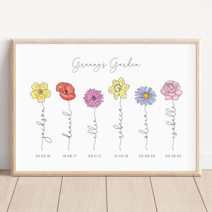 grandmas garden watercolour birth month flower print personalised mothers day gift unframed