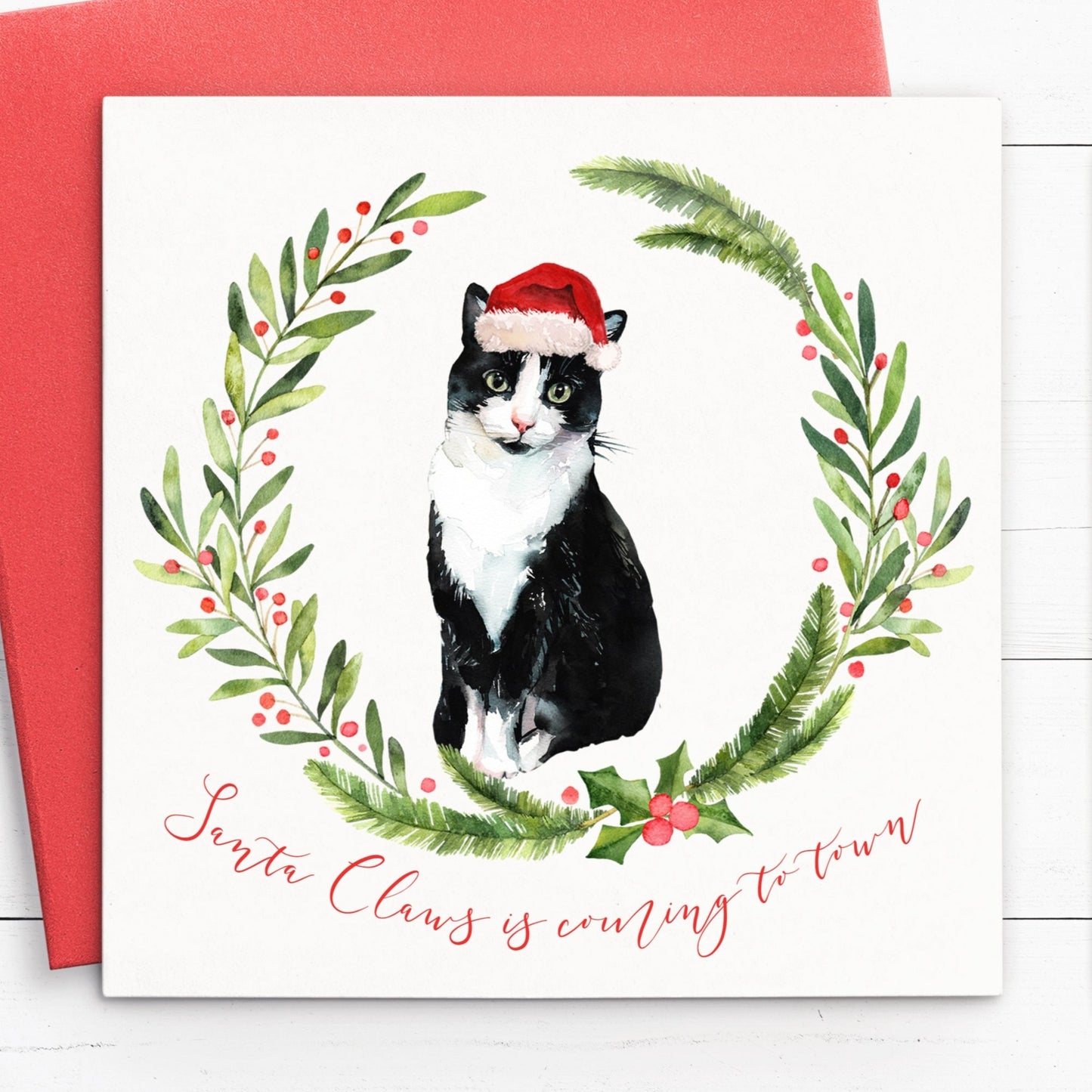 black and white cat christmas card pack set multipack red envelope santa hat holly leaves berries santa claws is coming to town