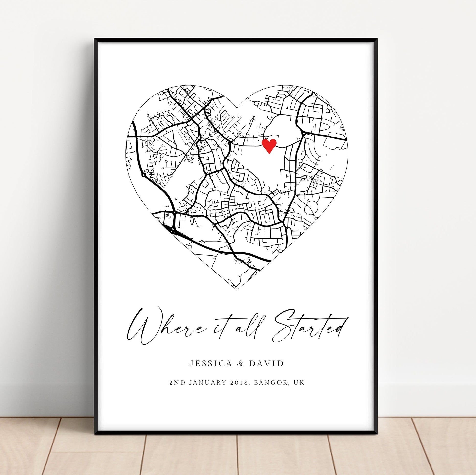 black and white heart shape city map customised by location where it all started matte paperstock unframed