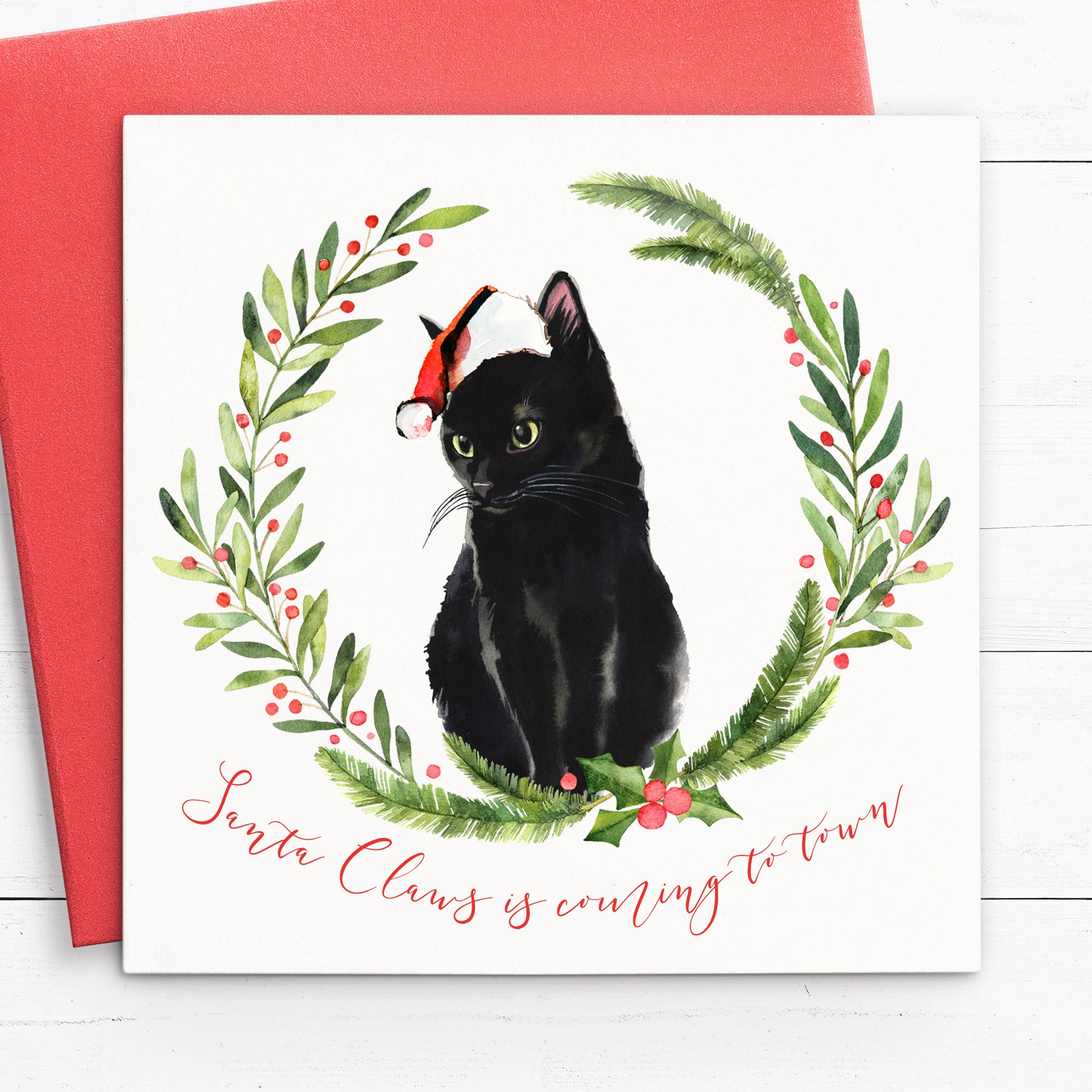 black cat christmas cards pack set multipack santa claws is coming to town with red envelopes