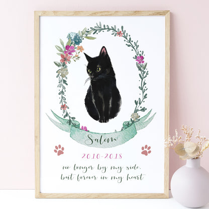 watercolour black cat memorial print personalised matte smooth white paperstock unframed