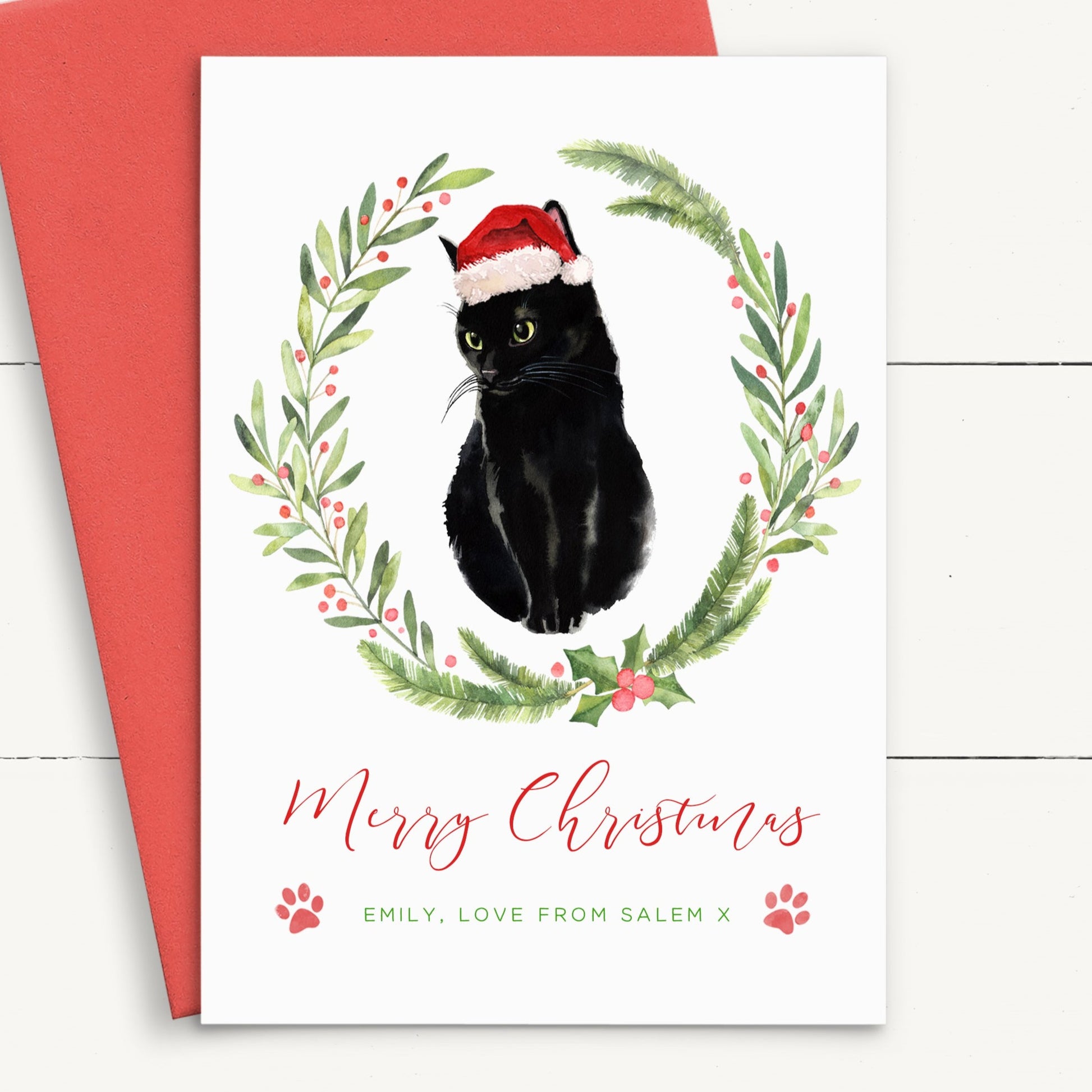 personalised christmas card from the cat black cat matte white cardstock red envelope