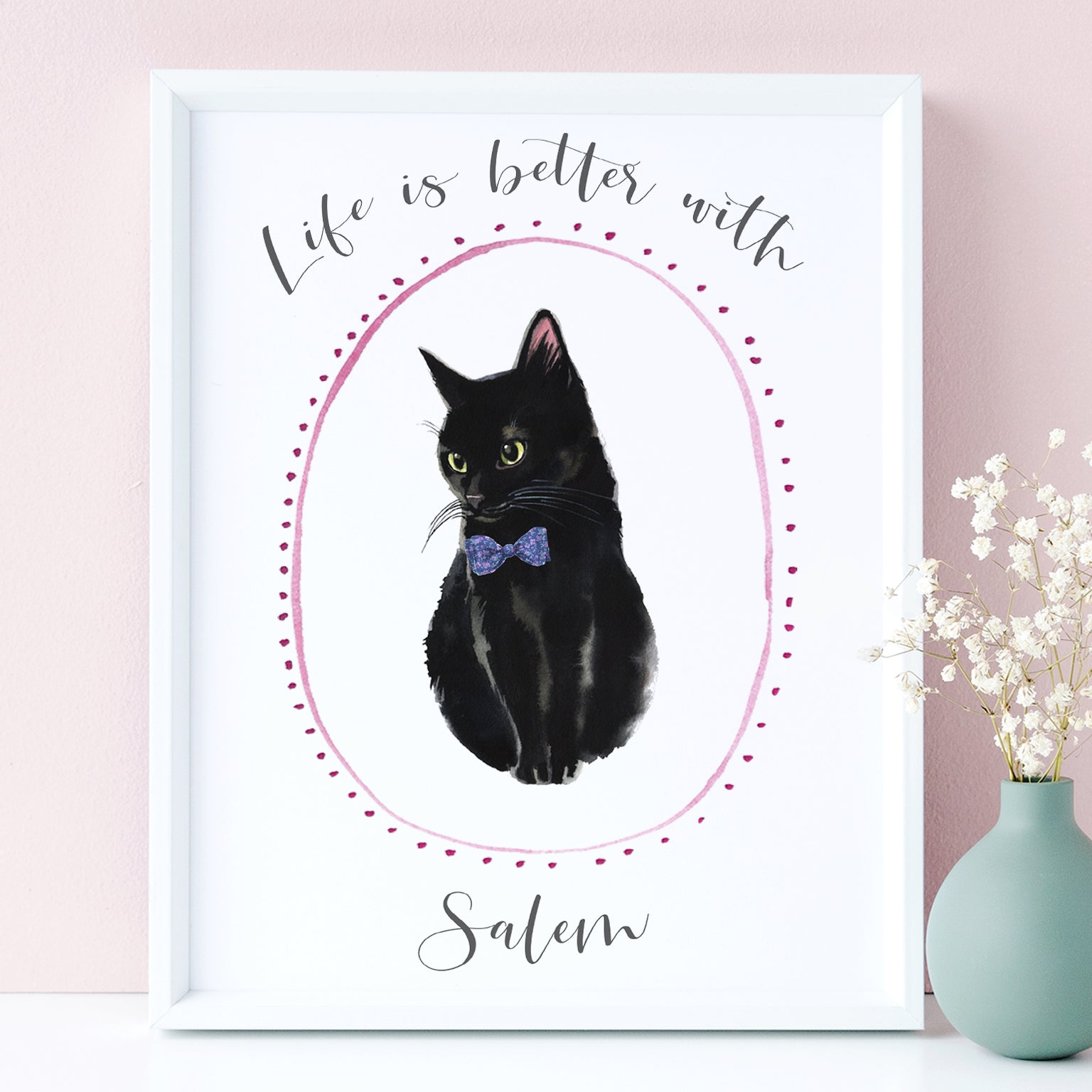 watercolour black cat print personalised matte smooth white paperstock unframed