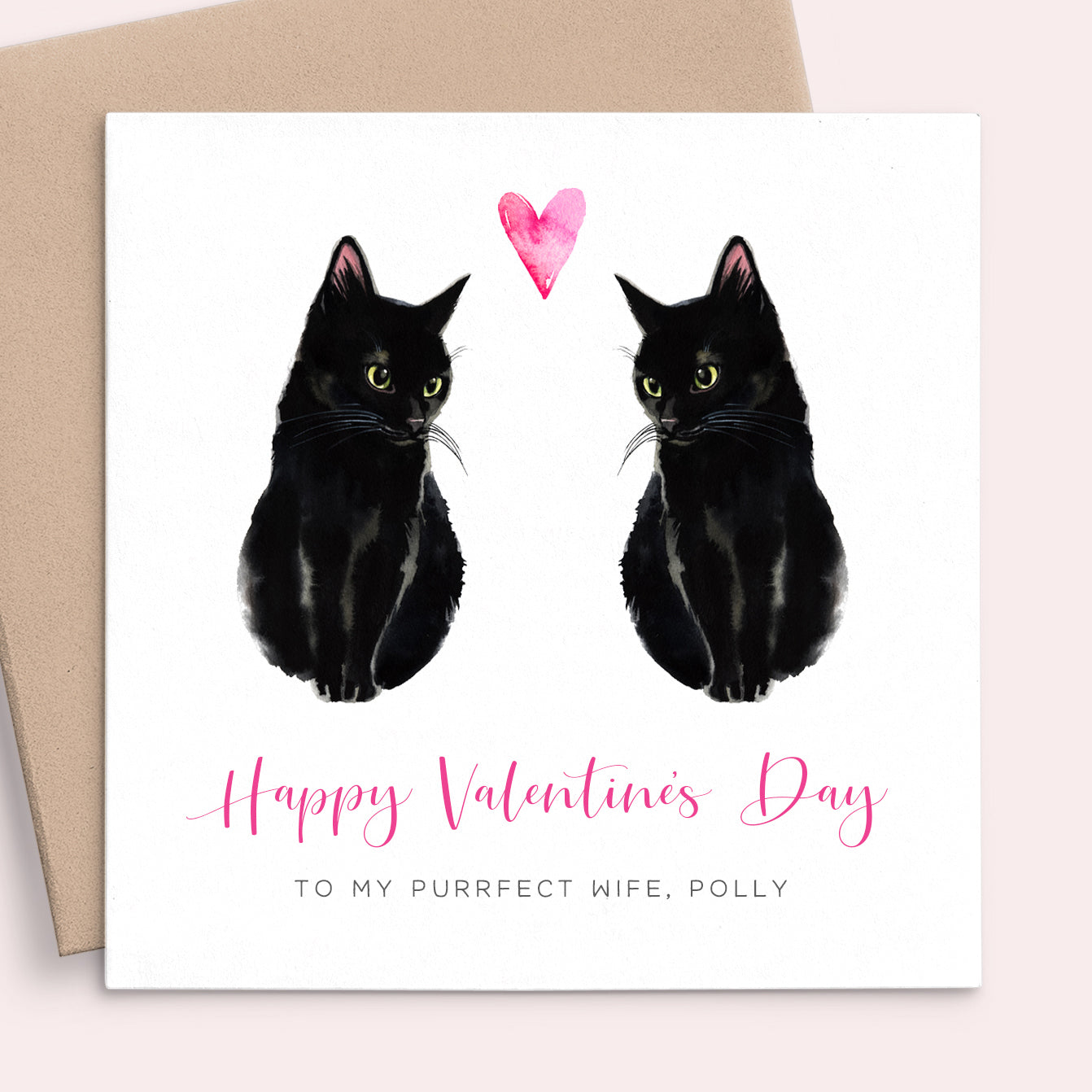cat valentines day card wife personalised with name customised by breed matte white cardstock kraft brown envelope