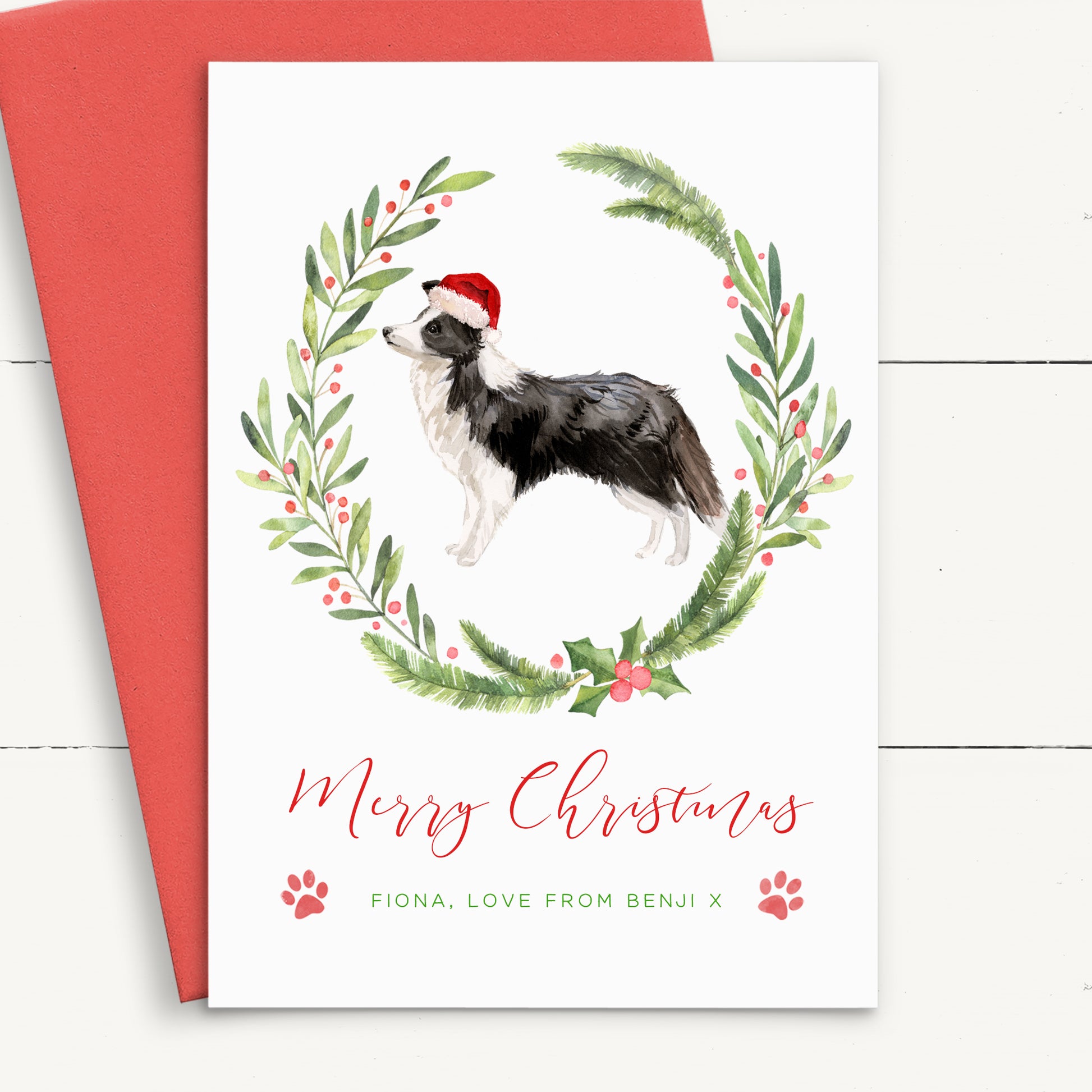 border collie christmas card from dog personalised red envelope matte white cardstock