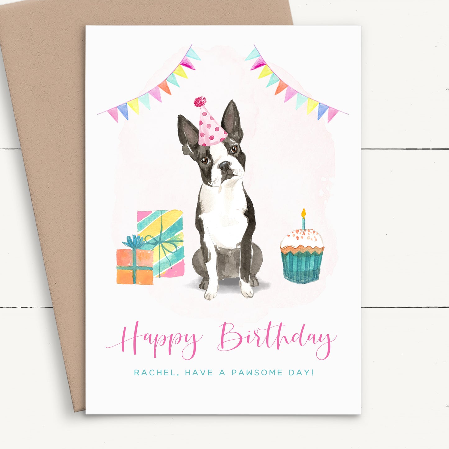 girls cute watercolour boston terrier birthday card personalised smooth matte white cardstock kraft brown envelope