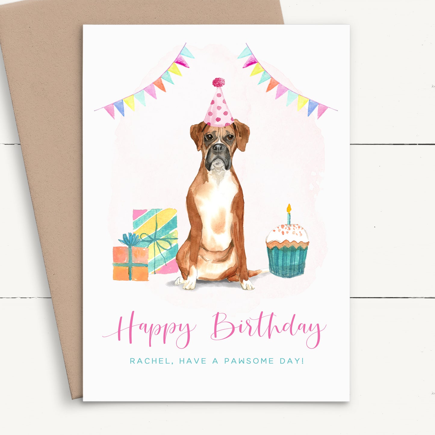 girls cute boxer dog birthday card personalised smooth matte white cardstock kraft brown envelope