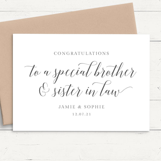 congratulations wedding card personalised calligraphy brother sister in law name date white cardstock kraft brown envelope 