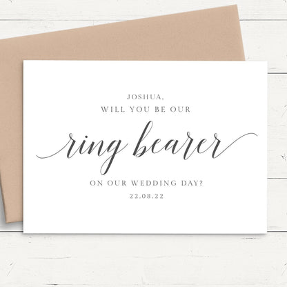 monochrome modern will you be our ring bearer proposal card personalised matte smooth white cardstock kraft brown envelope
