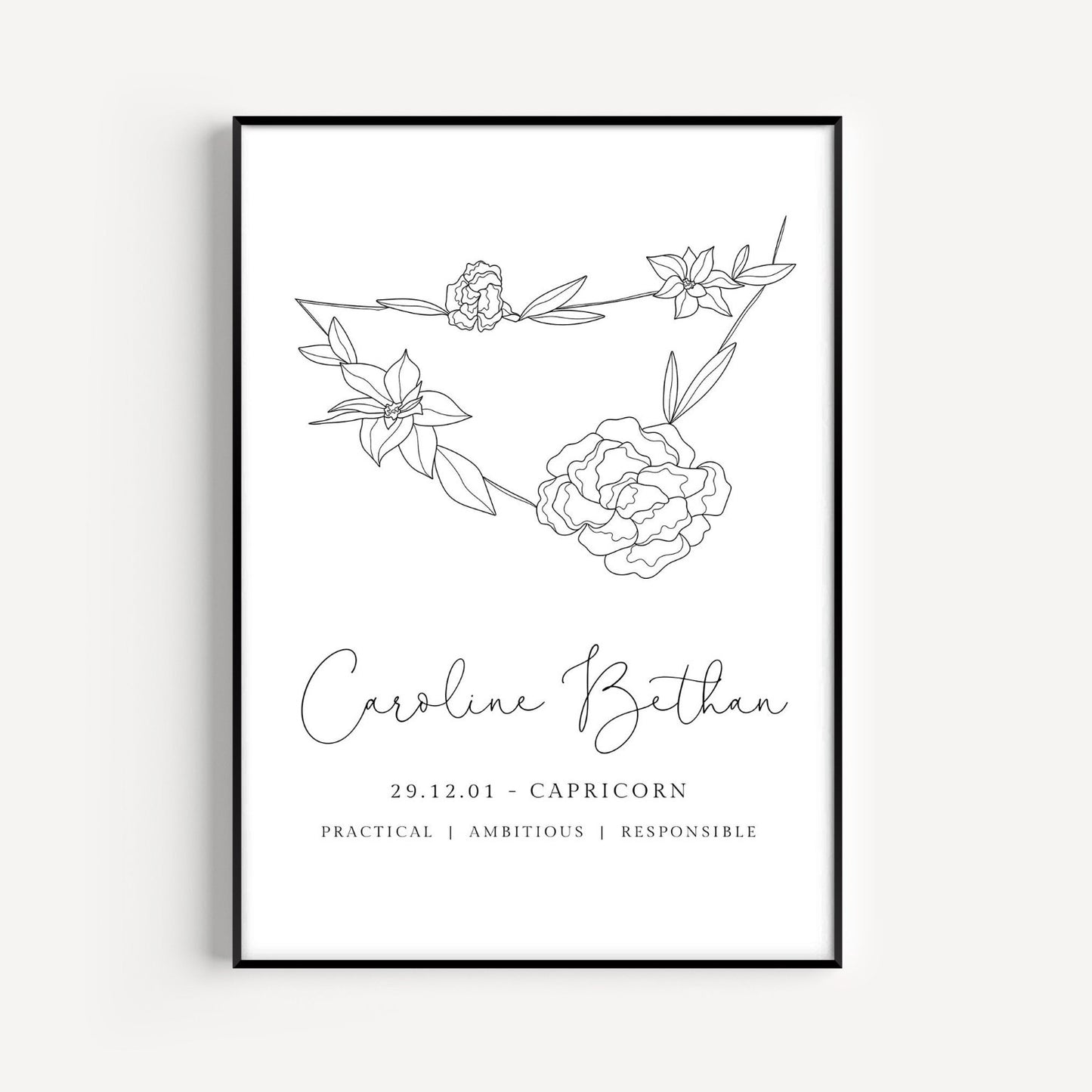 capricorn zodiac birth flower line art print personalised smooth white matte paperstock unframed
