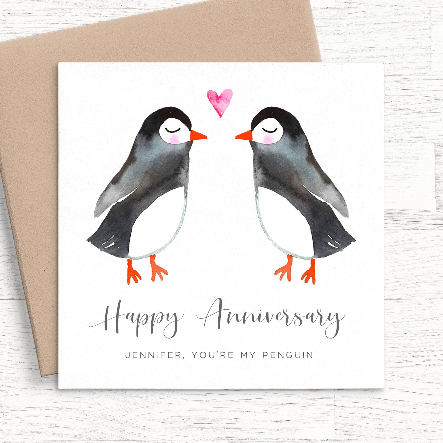 kissing penguins happy anniversary personalised matte white cardstock kraft brown envelope