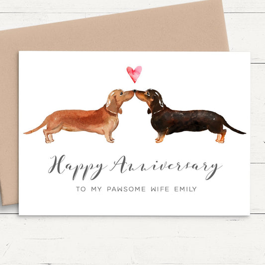 watercolour sausage dog anniversary card wife girlfriend husband boyfriend personalised matte smoote white cardstock kraft brown envelope