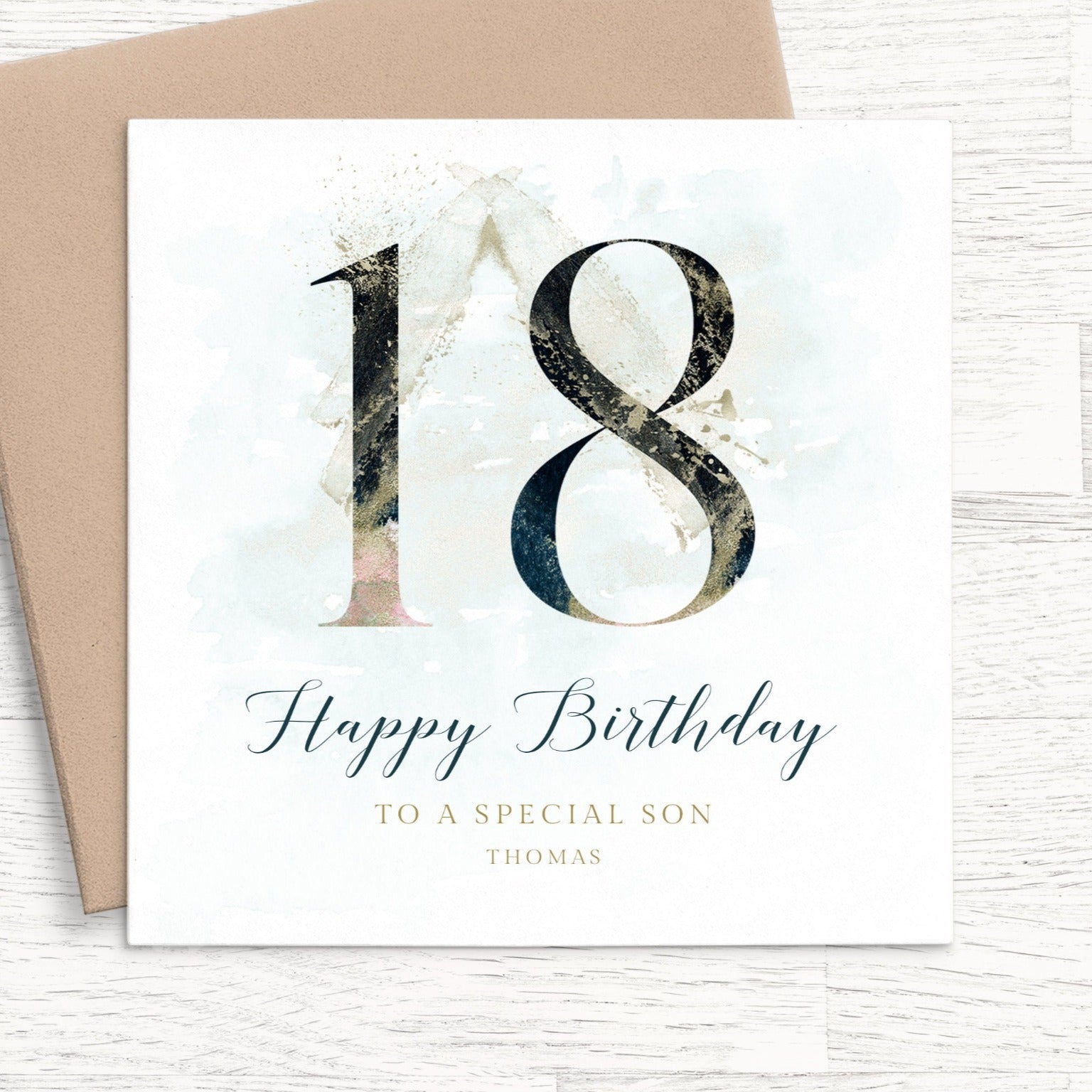 blue 18th birthday card for son personalised matte white cardstock kraft brown envelope square