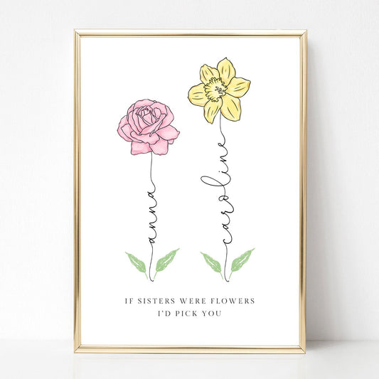 if sisters were flowers id pick you birth flower print personalised matte white smooth paperstock unframed