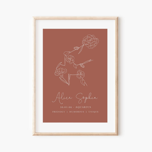 aquarius zodiac birth flower line art print personalised with name and date background colour of your choice matte paperstock unframed