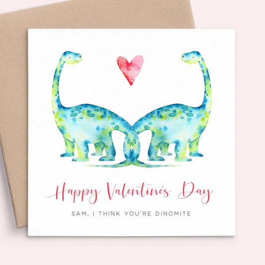 cute watercolour dinosaur valentines day card boyfriend personalised square white matte cardstock kraft brown envelope