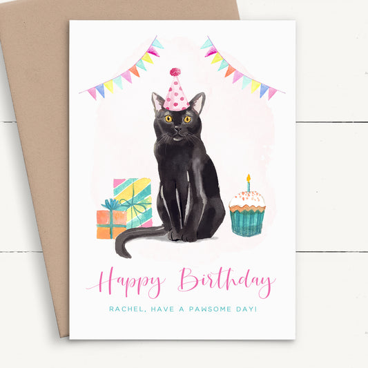 watercolour black cat birthday card personalised smooth matte white cardstock kraft brown envelope