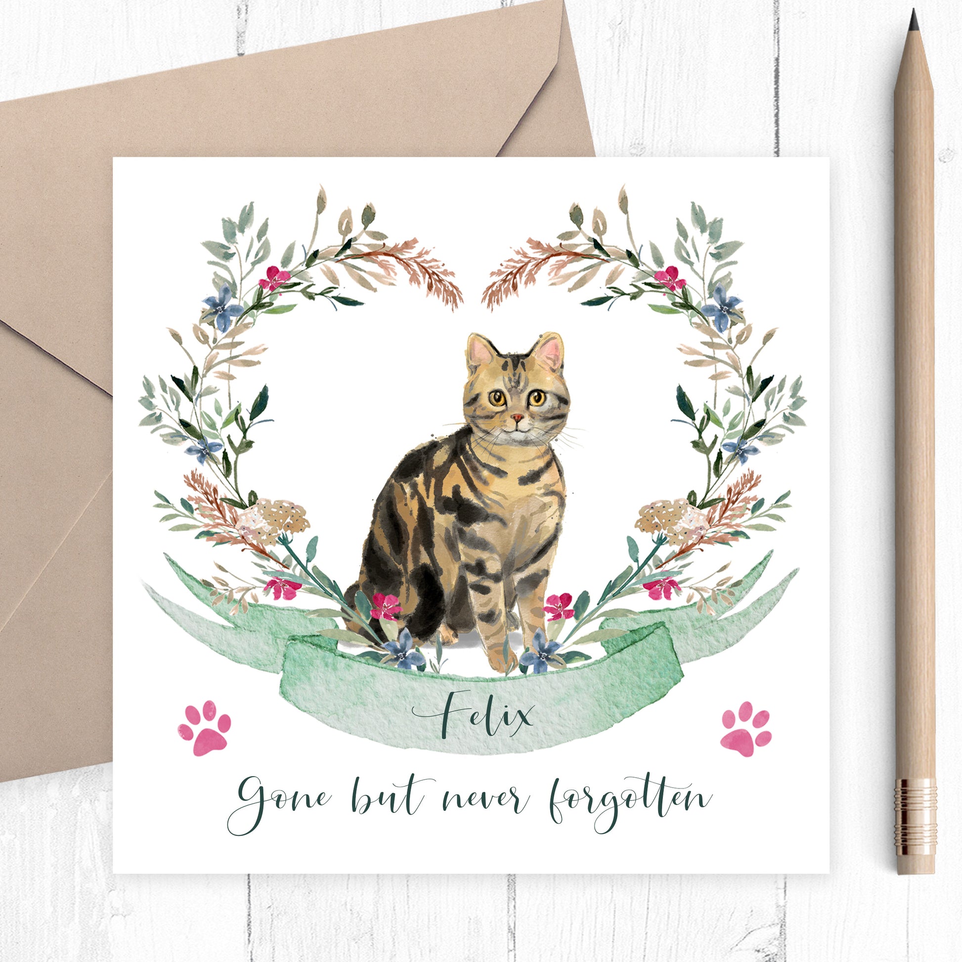 watercolour personalised cat sympathy card matte white smooth cardstock kraft brown envelope