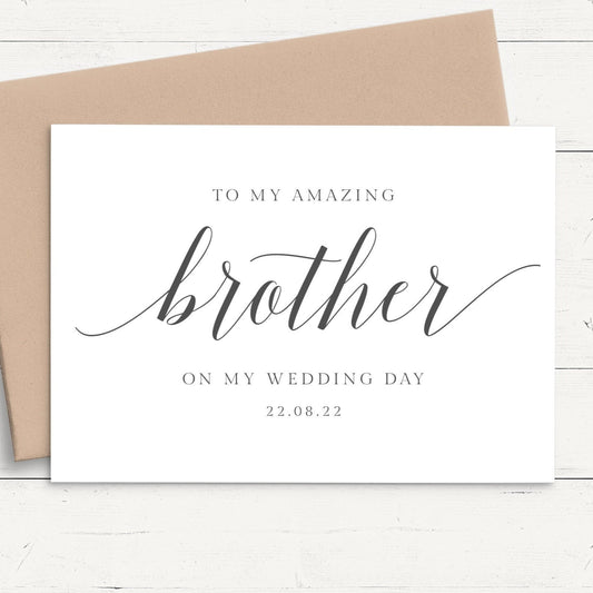 black and white modern script to my brother on my wedding day card personalised matte smooth white cardstock kraft brown envelope