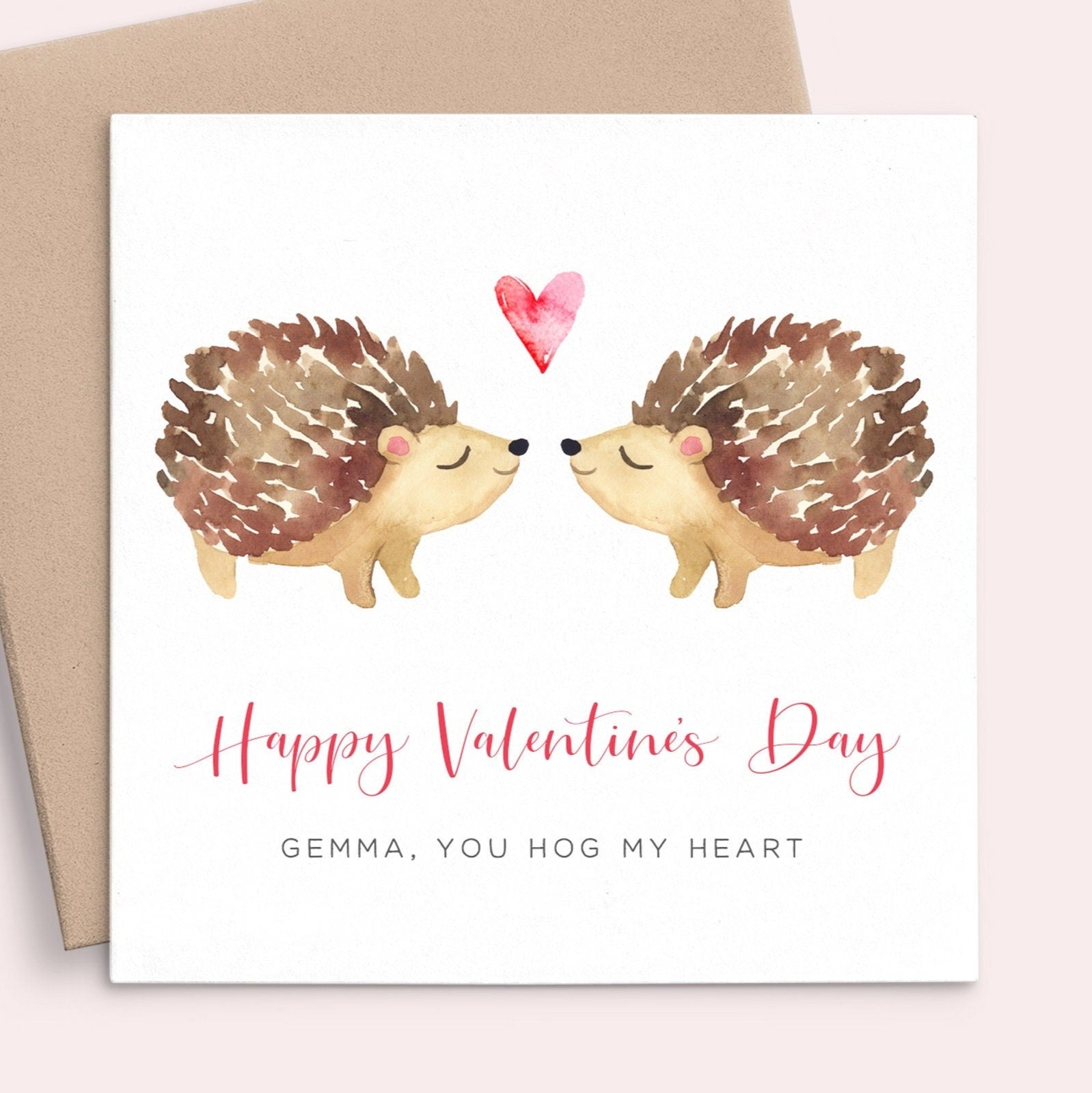 watercolour hedgehog valentines card girlfriend personalised with name matte white cardstock square kraft brown envelope