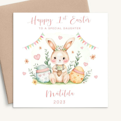 watercolour bunny first easter card for girl personalised matte smooth white cardstock kraft brown envelope