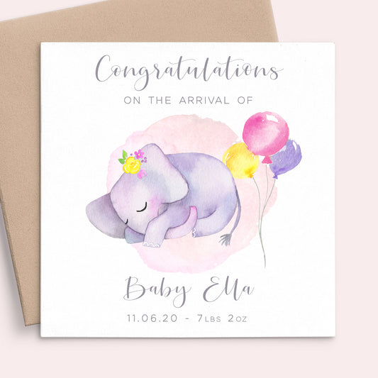 new baby girl elephant pink watercolour personalised matte white cardstock kraft brown envelope