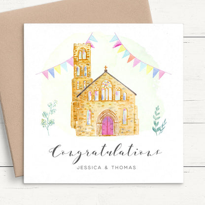 watercolour church congratulations wedding card couple personalised square white cardstock kraft brown envelope