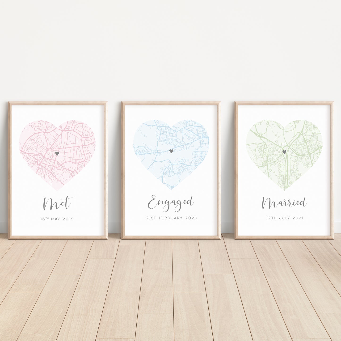 set of 3 city map prints personalised by locations met engaged married colours hearts white matte paperstock unframed