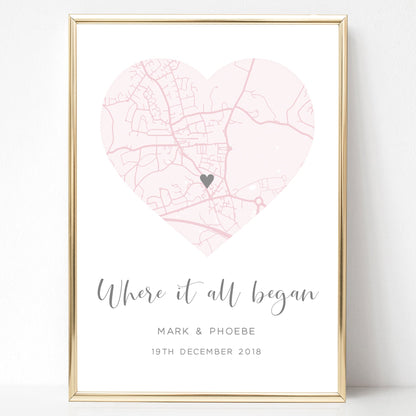 where it all began pink city map print couples anniversary gift personalised matte white paperstock unframed