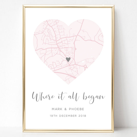 where it all began pink city map print couples anniversary gift personalised matte white paperstock unframed