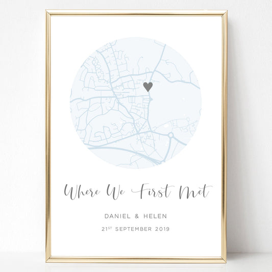 blue city street map print personalised where we first met date location matte paperstock unframed