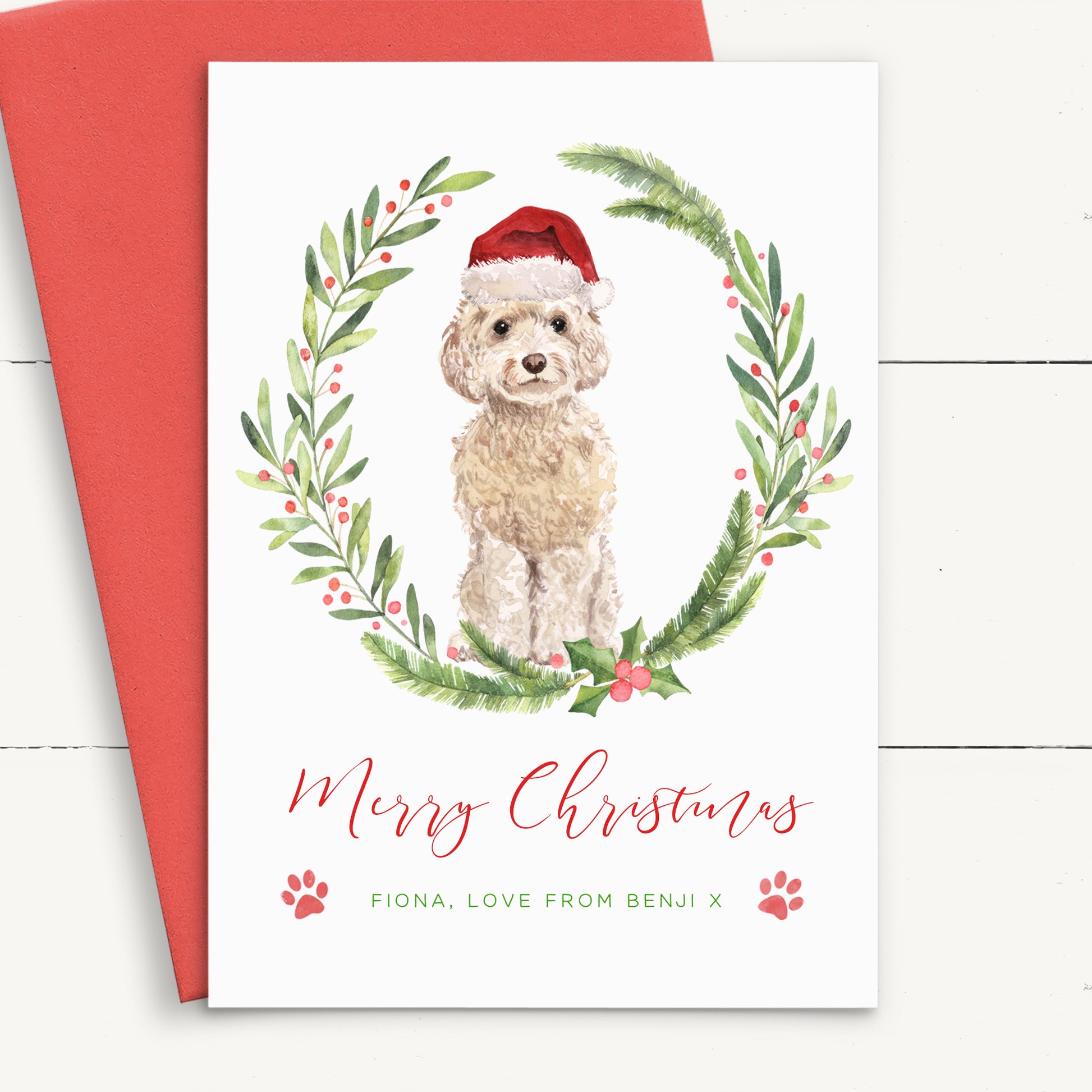 cockapoo personalised christmas card from dog red envelope matte white smooth cardstocl