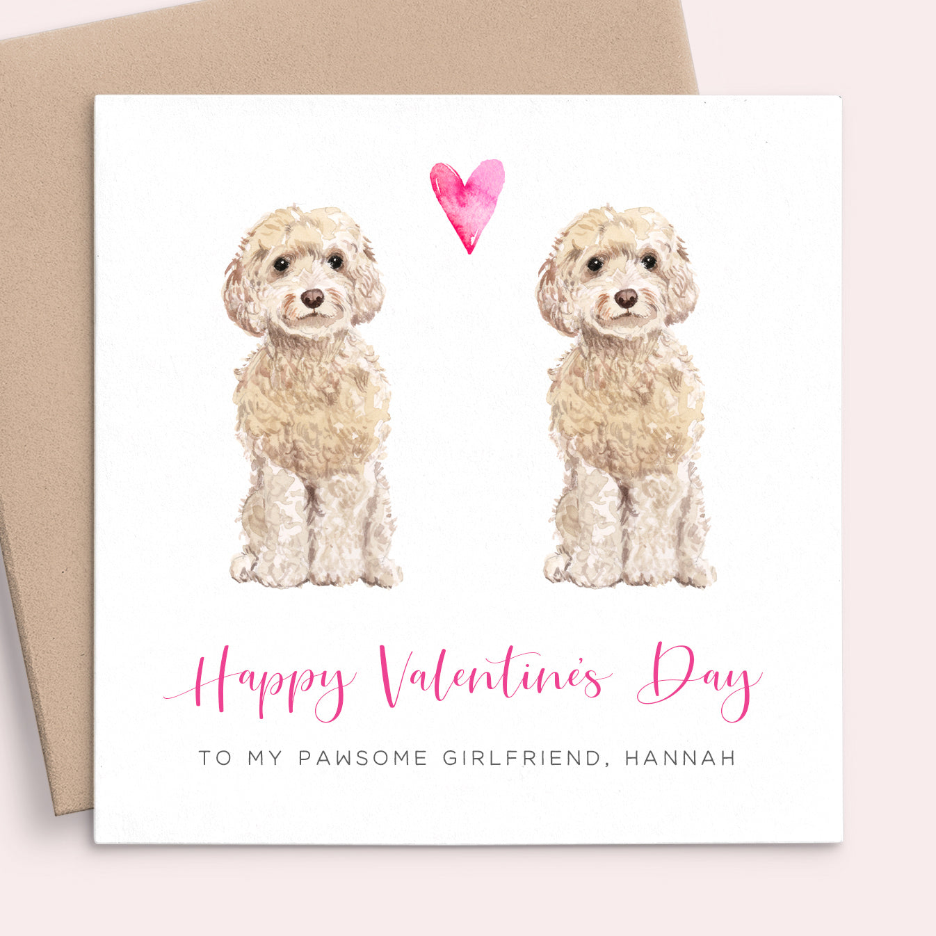 dog valentines day card girlfriend customised by breed personalised with name matte white cardstock kraft brown envelope square
