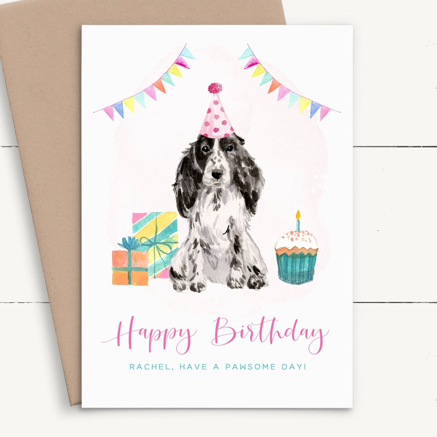 womens cute watercolour cocker spaniel birthday card personalised smooth matte white cardstock kraft brown envelope